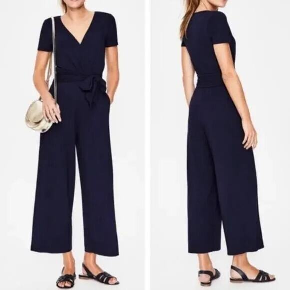 BODEN Ellen Navy Blue Jersey Knit Faux Wrap Jumpsuit Size 6 Wide Leg - Picture 1 of 8